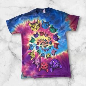 Vintage T-Shirt Small Tie Dye Cat Heads Psychedelic Crew Neck 90s Funny Rainbow